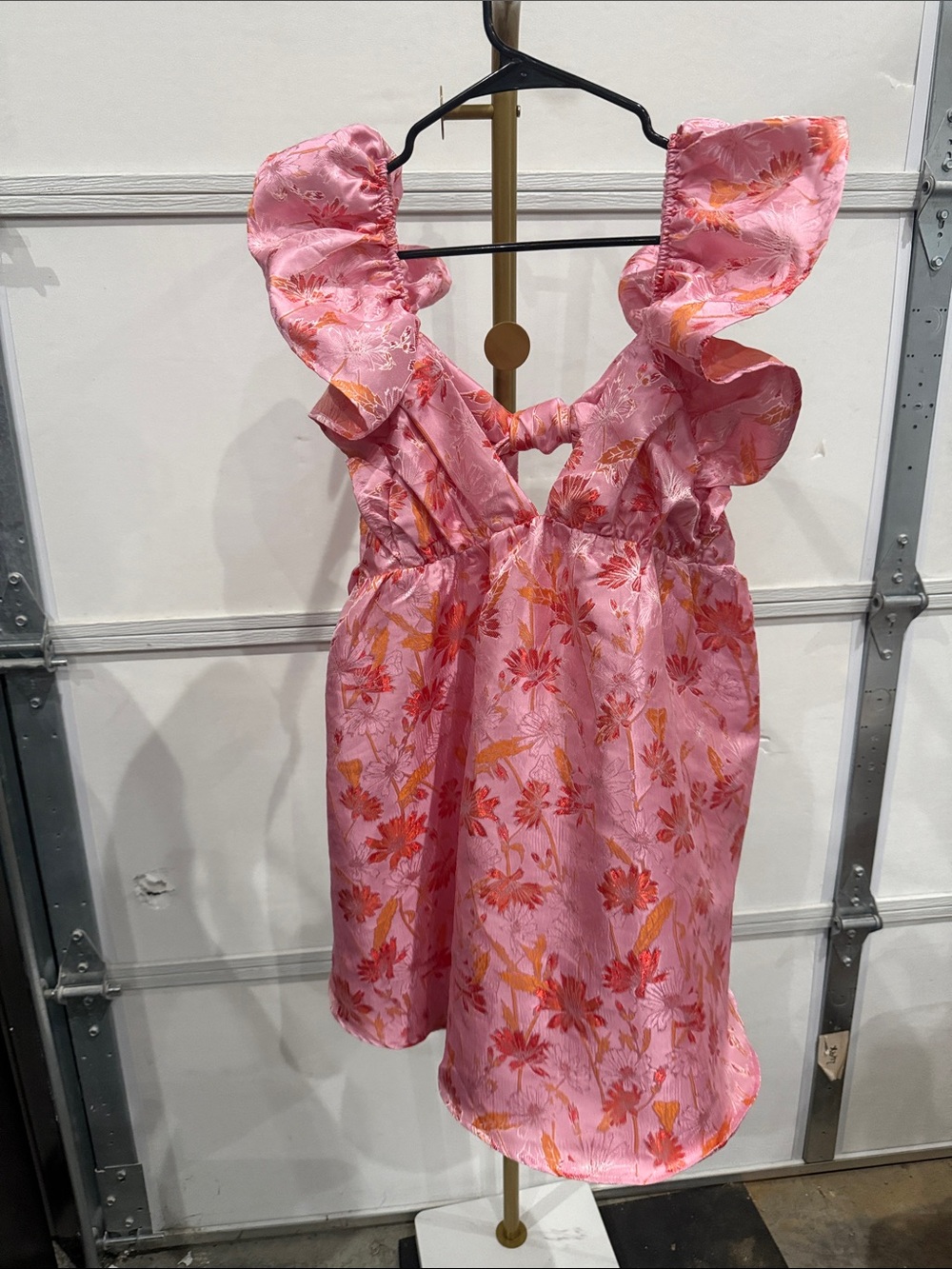 Buddy Love Pink Floral Ruffle-Shoulder Mini Dress